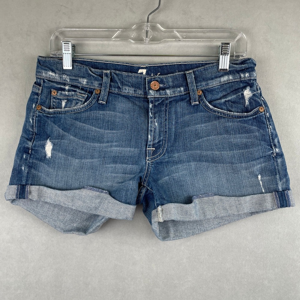 VTG 7 For All Mankind Distressed Denim BF Shorts‎ Medium Wash Cuffed 29 USA Made